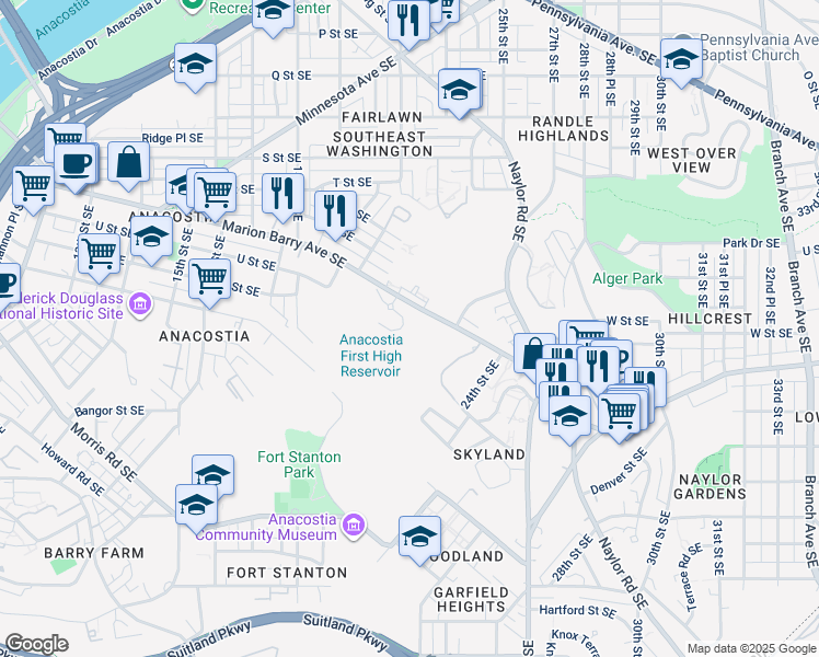 map of restaurants, bars, coffee shops, grocery stores, and more near 1843 Woodmont Place Southeast in Washington