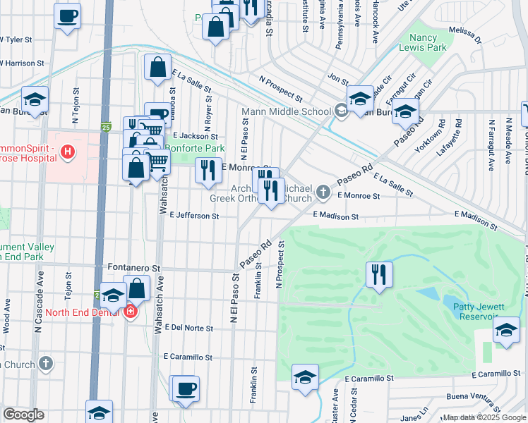 map of restaurants, bars, coffee shops, grocery stores, and more near 2129 Templeton Gap Road in Colorado Springs