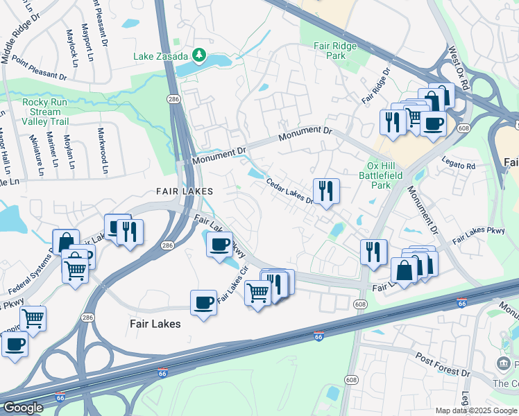 map of restaurants, bars, coffee shops, grocery stores, and more near 4350 Fair Lakes Court in Fairfax
