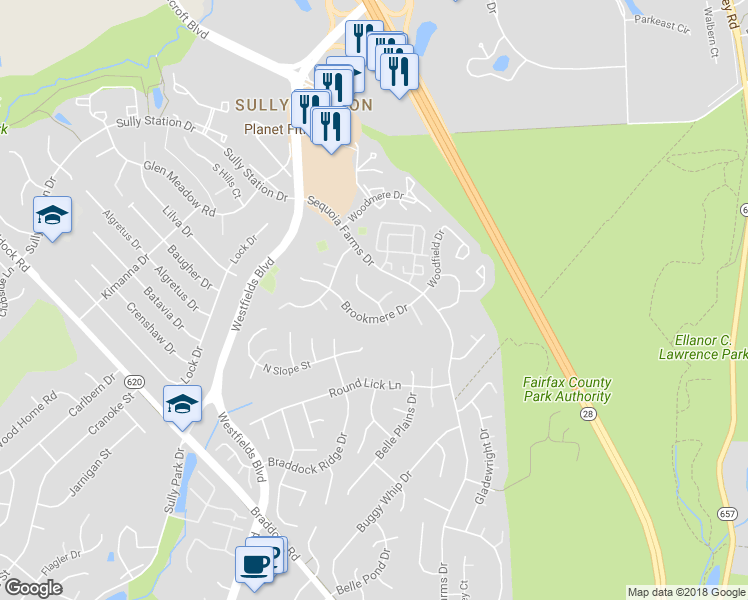 map of restaurants, bars, coffee shops, grocery stores, and more near 5215 Woodleaf Court in Centreville