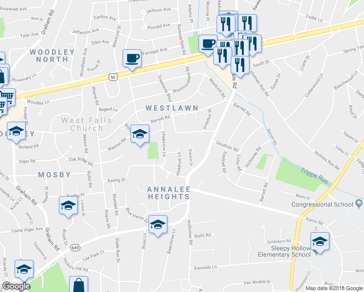 map of restaurants, bars, coffee shops, grocery stores, and more near 3101 Headrow Lane in Falls Church