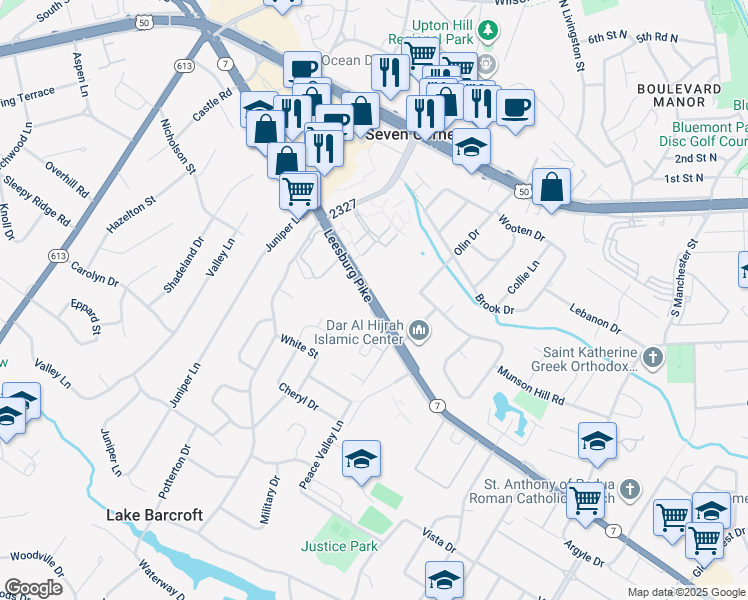 map of restaurants, bars, coffee shops, grocery stores, and more near 6166 Leesburg Pike in Falls Church