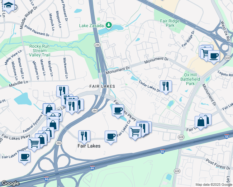 map of restaurants, bars, coffee shops, grocery stores, and more near 4300 Fair Lakes Court in Fairfax