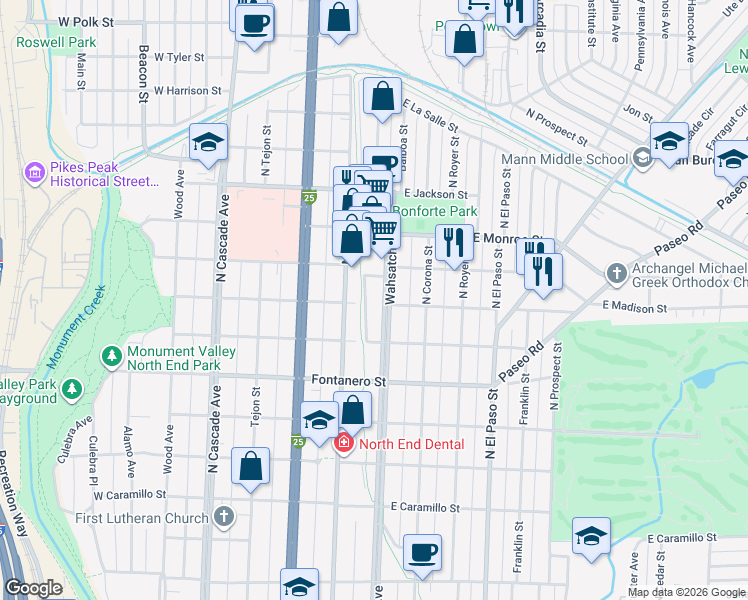 map of restaurants, bars, coffee shops, grocery stores, and more near 2112 North Wahsatch Avenue in Colorado Springs