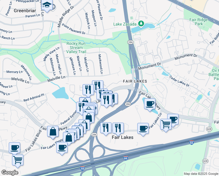 map of restaurants, bars, coffee shops, grocery stores, and more near 12729 Fair Crest Court in Fairfax