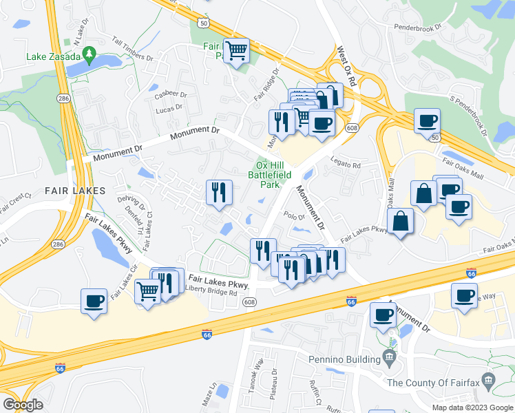 map of restaurants, bars, coffee shops, grocery stores, and more near 12205 Fairfield House Drive in Fairfax
