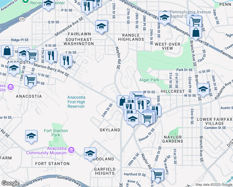 map of restaurants, bars, coffee shops, grocery stores, and more near 2607 Naylor Road Southeast in Washington