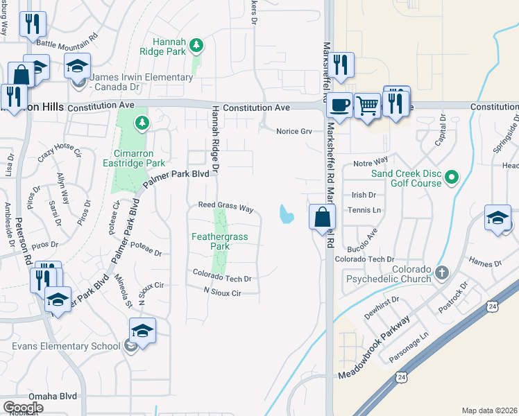 map of restaurants, bars, coffee shops, grocery stores, and more near 7575 Palmer Park Boulevard in Colorado Springs
