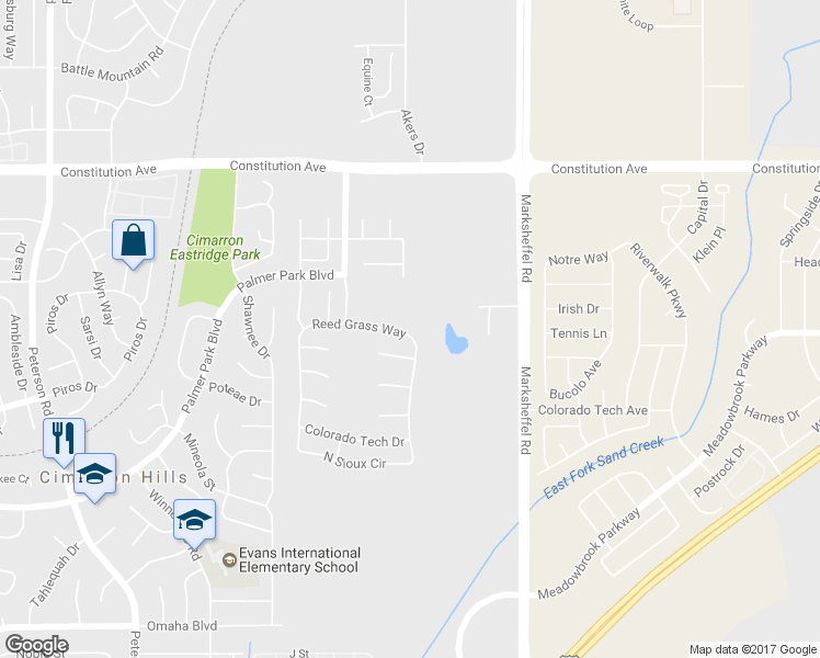 map of restaurants, bars, coffee shops, grocery stores, and more near 7575 Palmer Park Boulevard in Colorado Springs