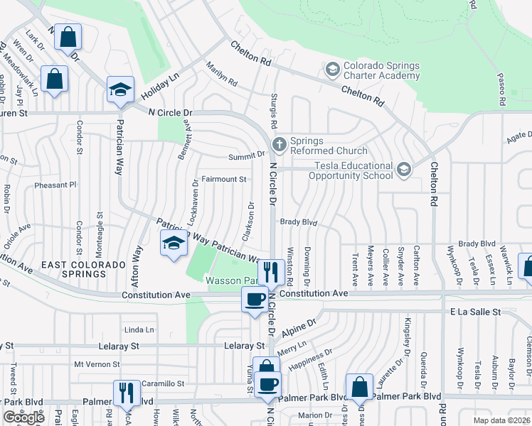 map of restaurants, bars, coffee shops, grocery stores, and more near 2207 Clarkson Drive in Colorado Springs