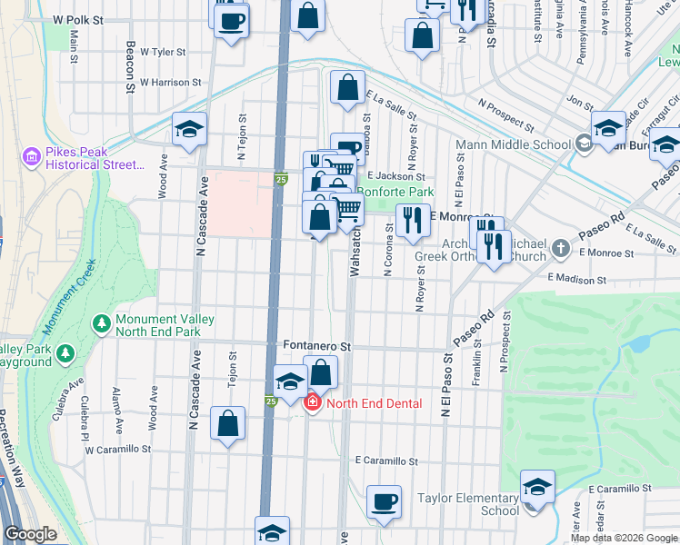 map of restaurants, bars, coffee shops, grocery stores, and more near 2112 North Wahsatch Avenue in Colorado Springs