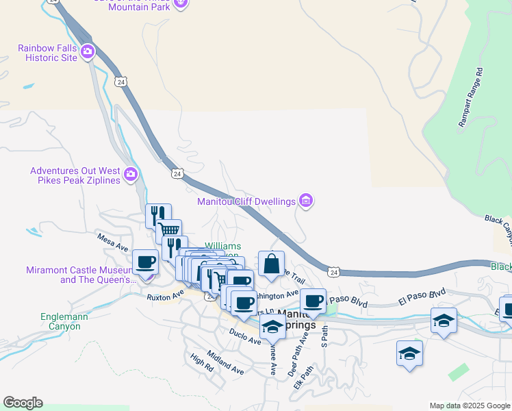 map of restaurants, bars, coffee shops, grocery stores, and more near 4 Lucerne Trail in Manitou Springs