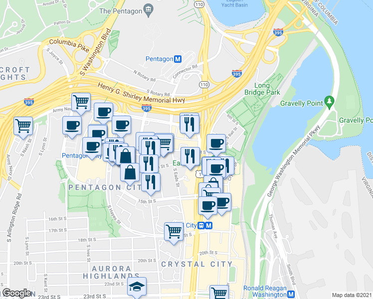 map of restaurants, bars, coffee shops, grocery stores, and more near 1225 Richmond Highway in Arlington