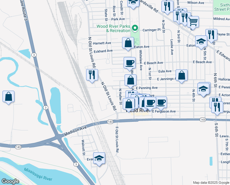 map of restaurants, bars, coffee shops, grocery stores, and more near 110 West Penning Avenue in Wood River