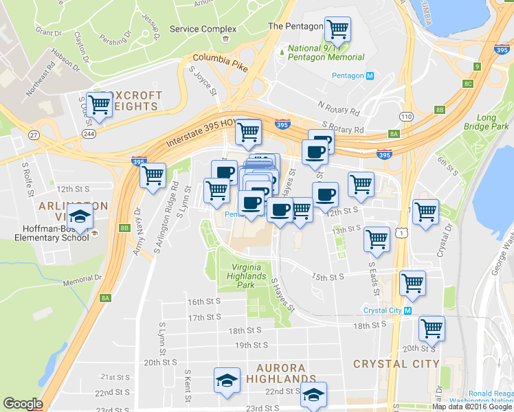 map of restaurants, bars, coffee shops, grocery stores, and more near 1400 South Hayes Street in Arlington