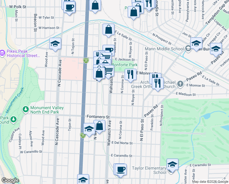 map of restaurants, bars, coffee shops, grocery stores, and more near 2120 North Corona Street in Colorado Springs