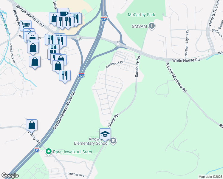 map of restaurants, bars, coffee shops, grocery stores, and more near 1901 Fernwood Drive in Capitol Heights