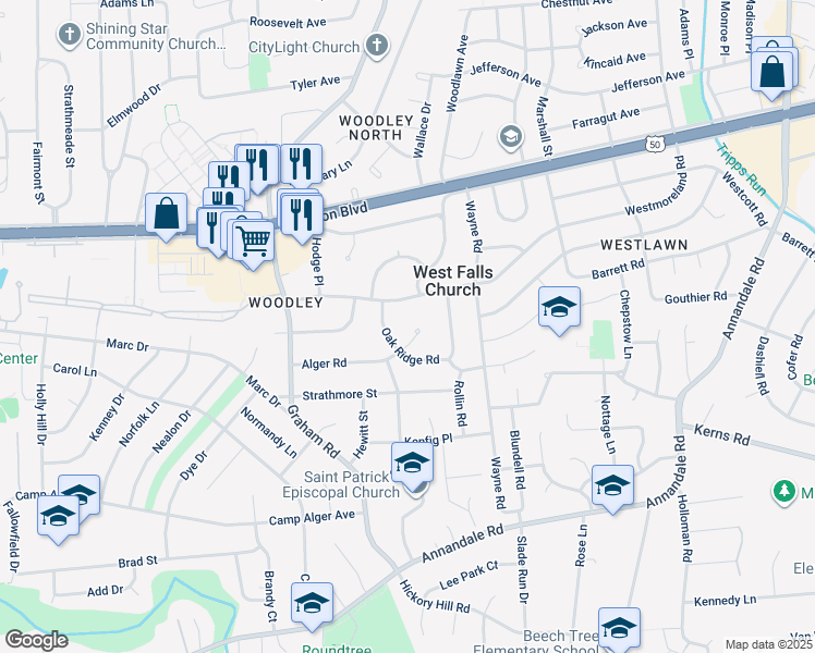 map of restaurants, bars, coffee shops, grocery stores, and more near 7104 Alger Road in Falls Church