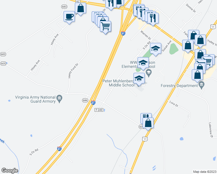 map of restaurants, bars, coffee shops, grocery stores, and more near 1286 South Ox Road in Woodstock