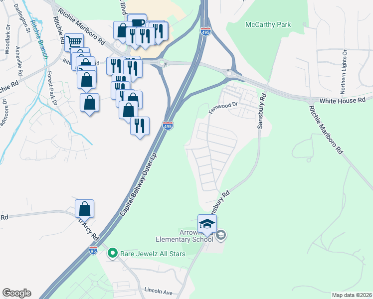 map of restaurants, bars, coffee shops, grocery stores, and more near 9320 Dogwood Park Street in Capitol Heights