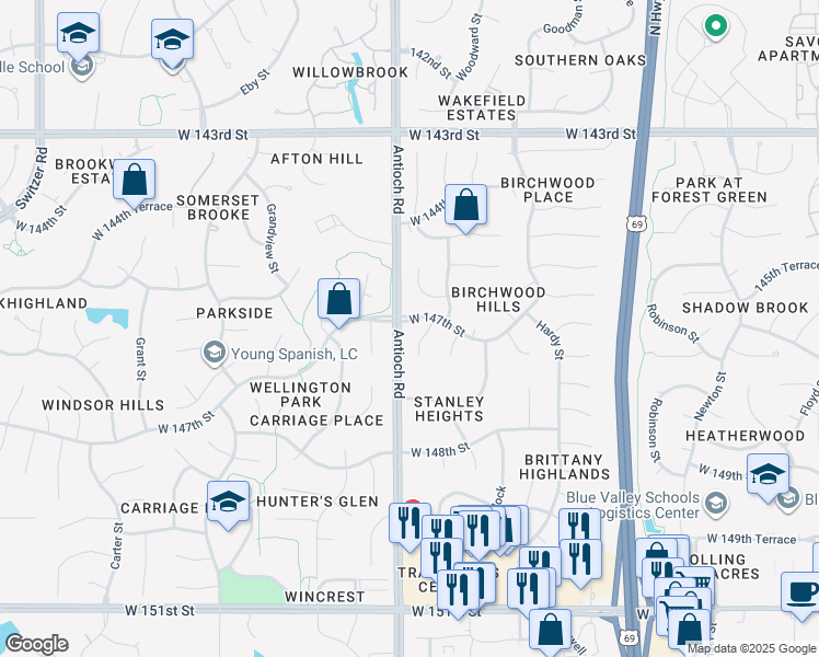map of restaurants, bars, coffee shops, grocery stores, and more near 14700 West 147th Street in Overland Park