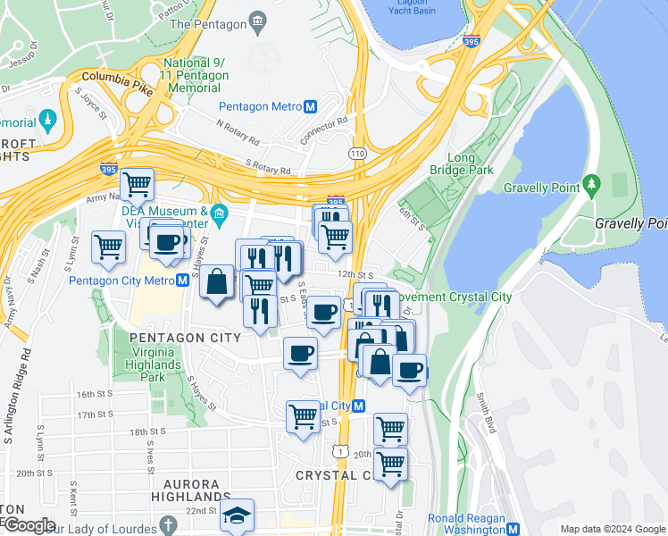 map of restaurants, bars, coffee shops, grocery stores, and more near 401 12th Street South in Arlington