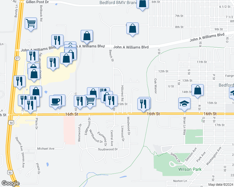 map of restaurants, bars, coffee shops, grocery stores, and more near 1318 Beech Street in Bedford