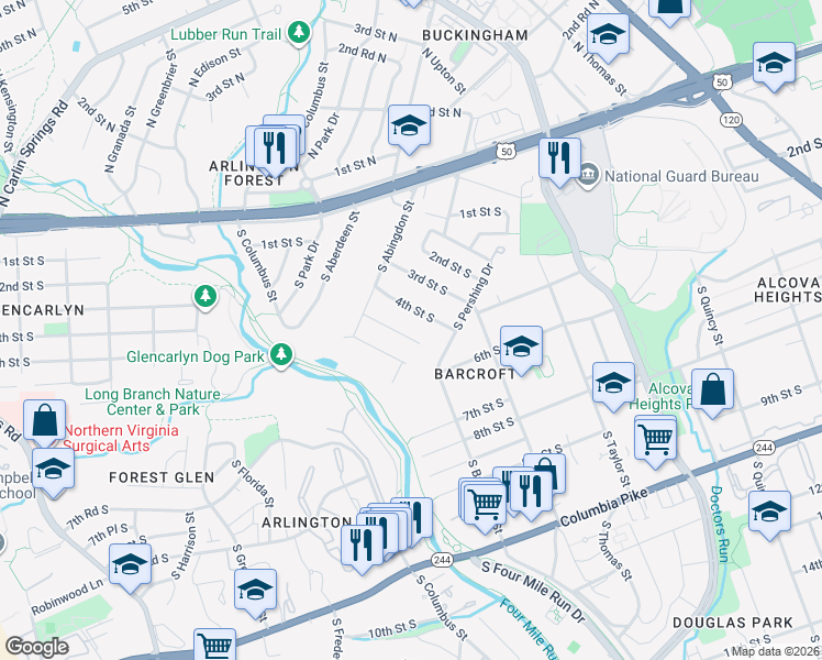map of restaurants, bars, coffee shops, grocery stores, and more near 4636 4th Street South in Arlington
