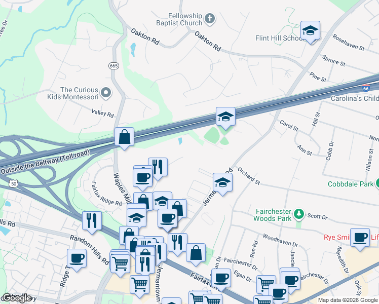 map of restaurants, bars, coffee shops, grocery stores, and more near 3700 Pender Drive in Fairfax
