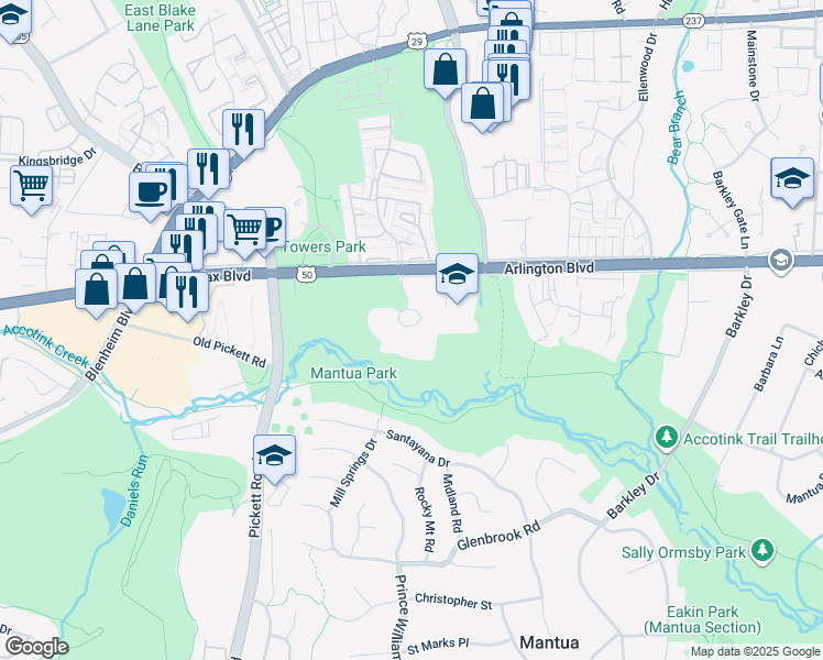 map of restaurants, bars, coffee shops, grocery stores, and more near 9229 Arlington Boulevard in Fairfax