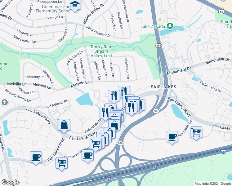 map of restaurants, bars, coffee shops, grocery stores, and more near 12848 Fair Briar Lane in Fairfax