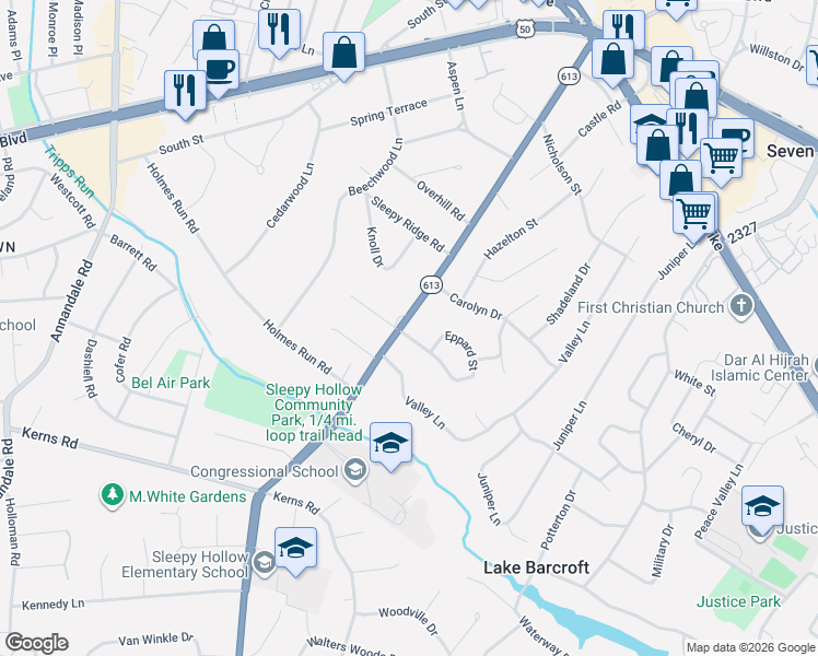 map of restaurants, bars, coffee shops, grocery stores, and more near 3115 Sleepy Hollow Road in Falls Church