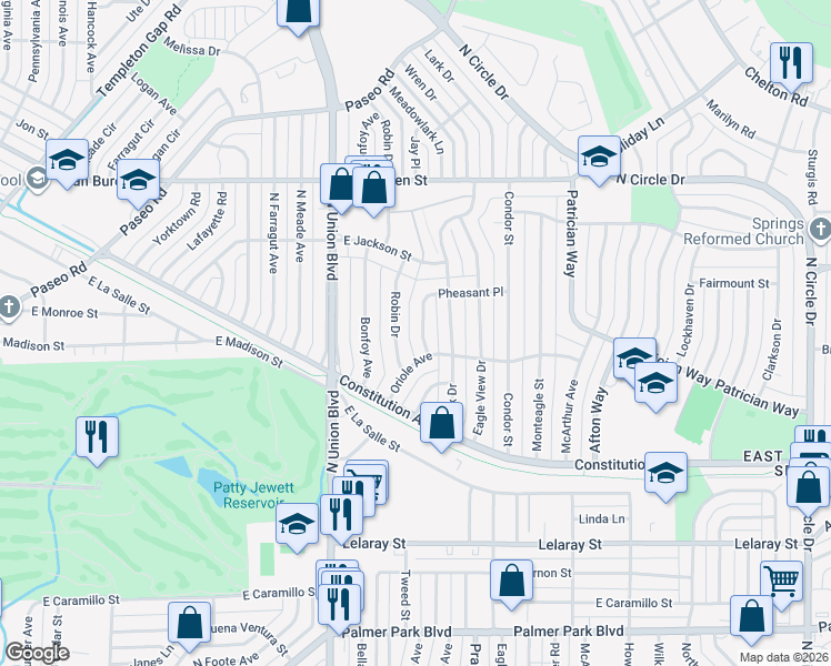 map of restaurants, bars, coffee shops, grocery stores, and more near 2114 Pheasant Place in Colorado Springs