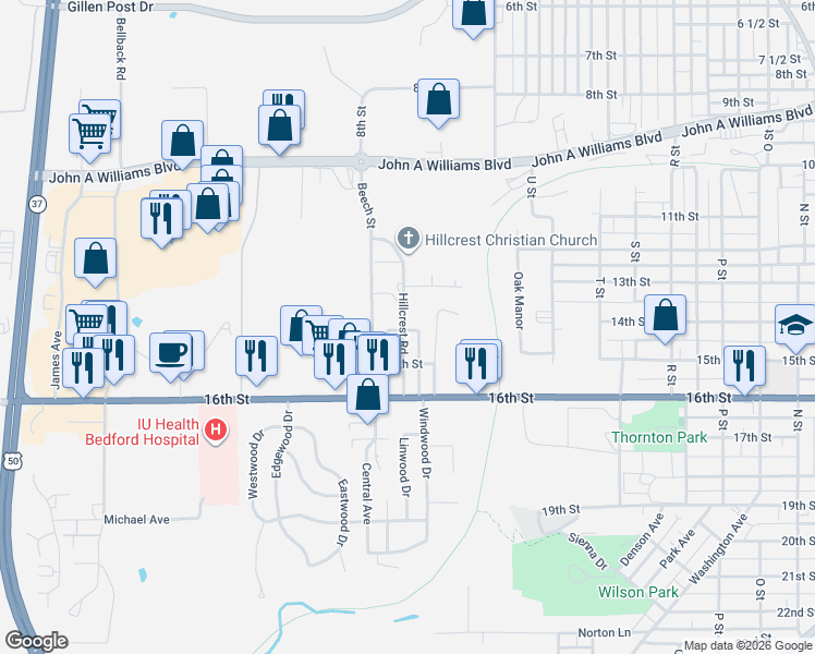 map of restaurants, bars, coffee shops, grocery stores, and more near 1402 Hillcrest Road in Bedford