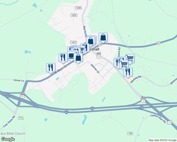 map of restaurants, bars, coffee shops, grocery stores, and more near 8321 Mauzy Square in Marshall