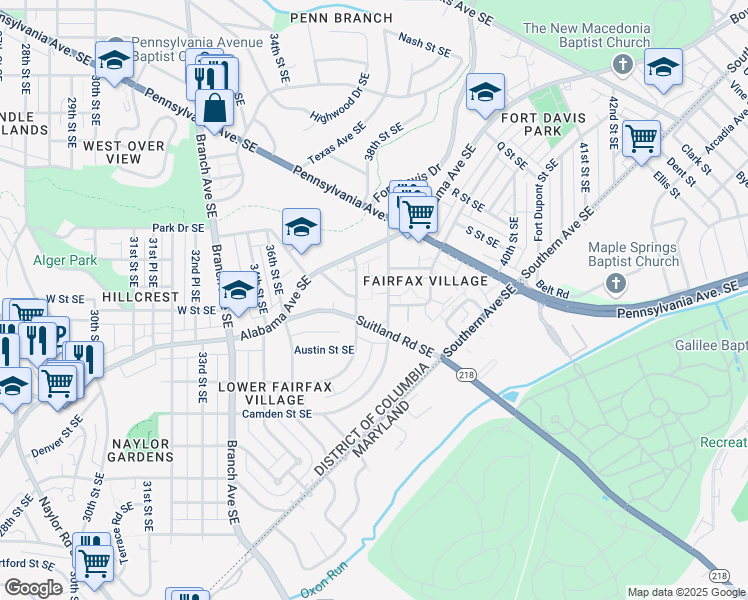 map of restaurants, bars, coffee shops, grocery stores, and more near 2057 38th Street Southeast in Washington