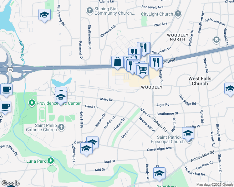 map of restaurants, bars, coffee shops, grocery stores, and more near 7327 Parkwood Court in Falls Church