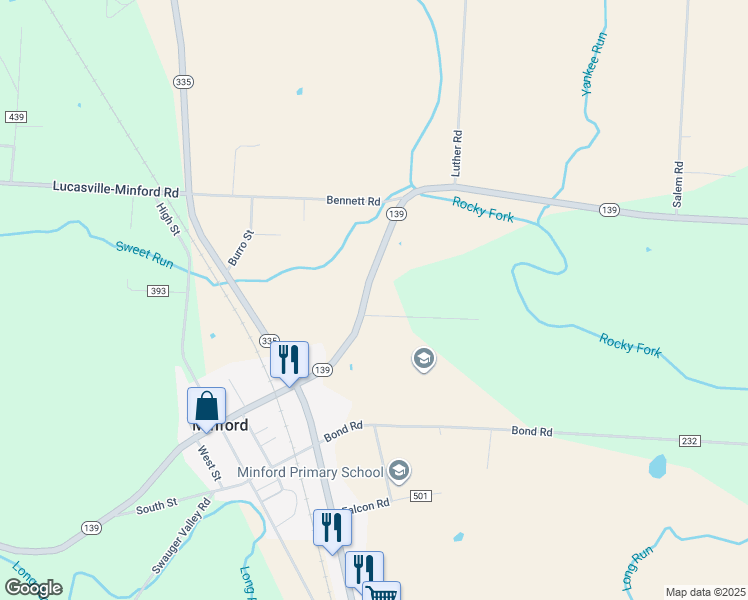 map of restaurants, bars, coffee shops, grocery stores, and more near 11158 Ohio 139 in Minford