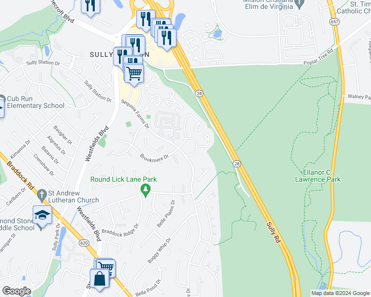 map of restaurants, bars, coffee shops, grocery stores, and more near 5207 Woodfield Drive in Centreville