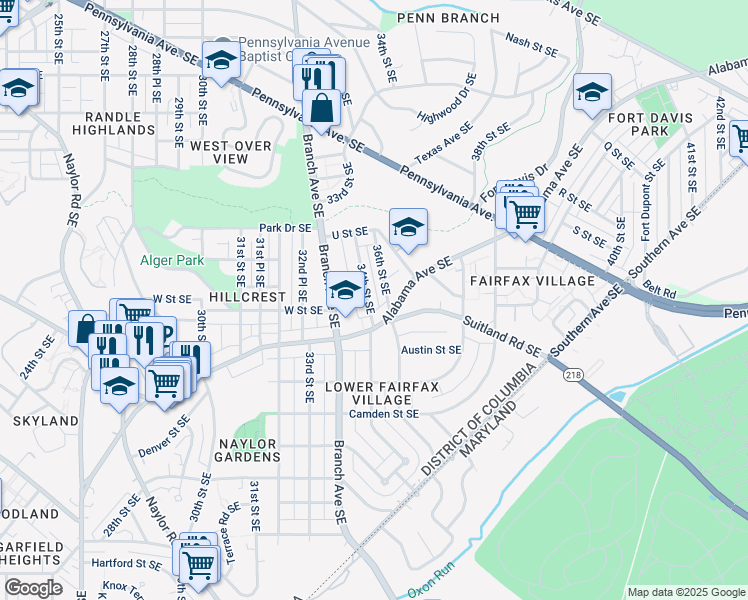 map of restaurants, bars, coffee shops, grocery stores, and more near 2106 34th Street Southeast in Washington