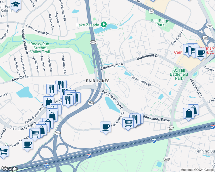 map of restaurants, bars, coffee shops, grocery stores, and more near 4300 Fair Lakes Court in Fairfax