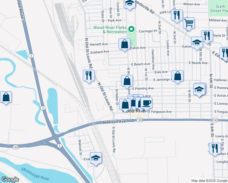 map of restaurants, bars, coffee shops, grocery stores, and more near 110 West Penning Avenue in Wood River