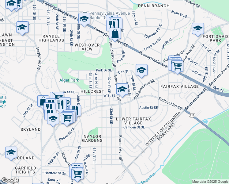 map of restaurants, bars, coffee shops, grocery stores, and more near 2135 Branch Avenue Southeast in Washington