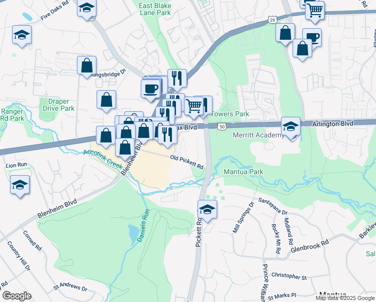 map of restaurants, bars, coffee shops, grocery stores, and more near 9481 Fairfax Boulevard in Fairfax