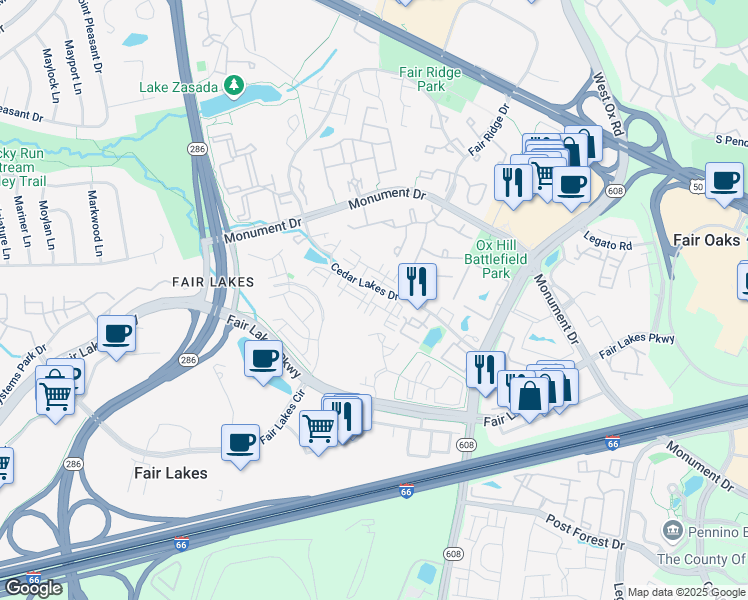 map of restaurants, bars, coffee shops, grocery stores, and more near 4370 Thomas Brigade Lane in Fairfax