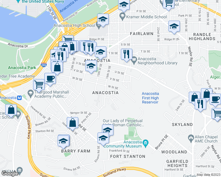 map of restaurants, bars, coffee shops, grocery stores, and more near 1625 W Street Southeast in Washington