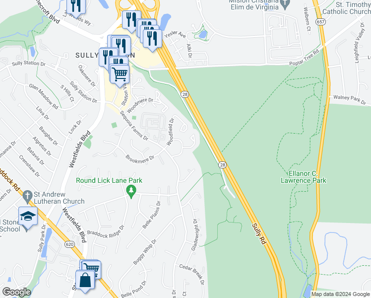 map of restaurants, bars, coffee shops, grocery stores, and more near 5121 Winding Woods Drive in Centreville