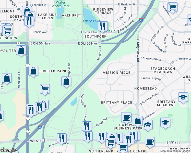 map of restaurants, bars, coffee shops, grocery stores, and more near 1118 East Frontier Drive in Olathe