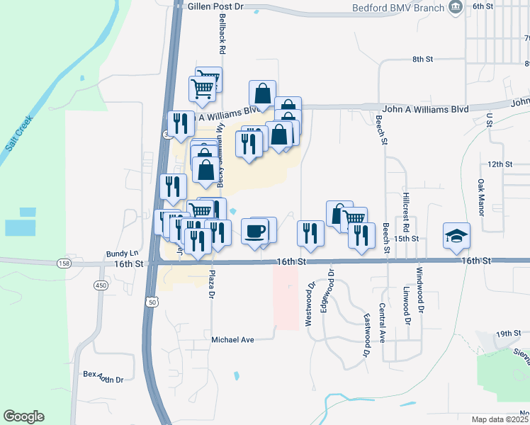 map of restaurants, bars, coffee shops, grocery stores, and more near 1510 Clinic Drive in Bedford