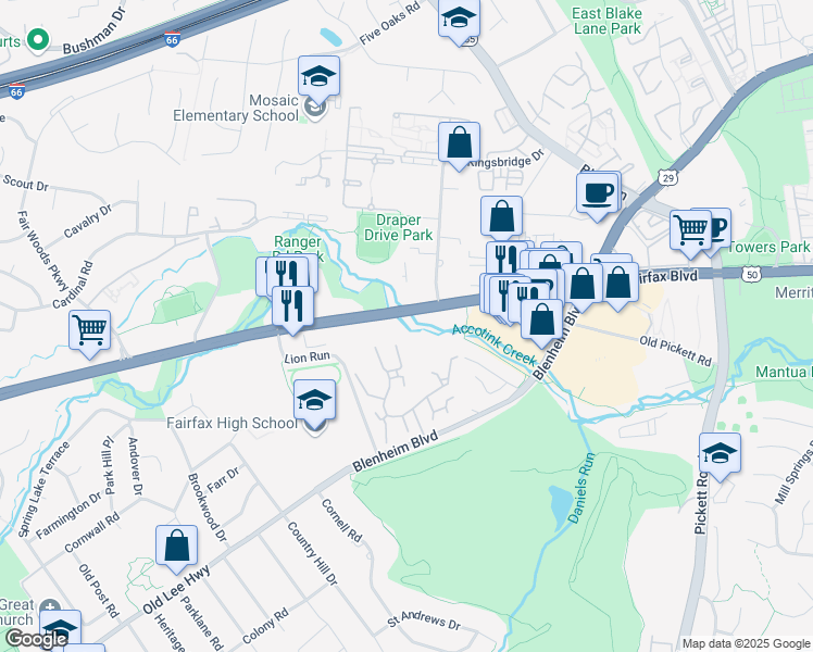 map of restaurants, bars, coffee shops, grocery stores, and more near 9775 Fairfax Boulevard in Fairfax
